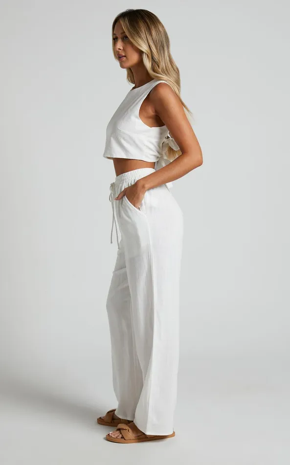 Showpo Kala Pants 8211 Mid Waisted Relaxed Elastic Waist Pants In White Women Curve Clothes