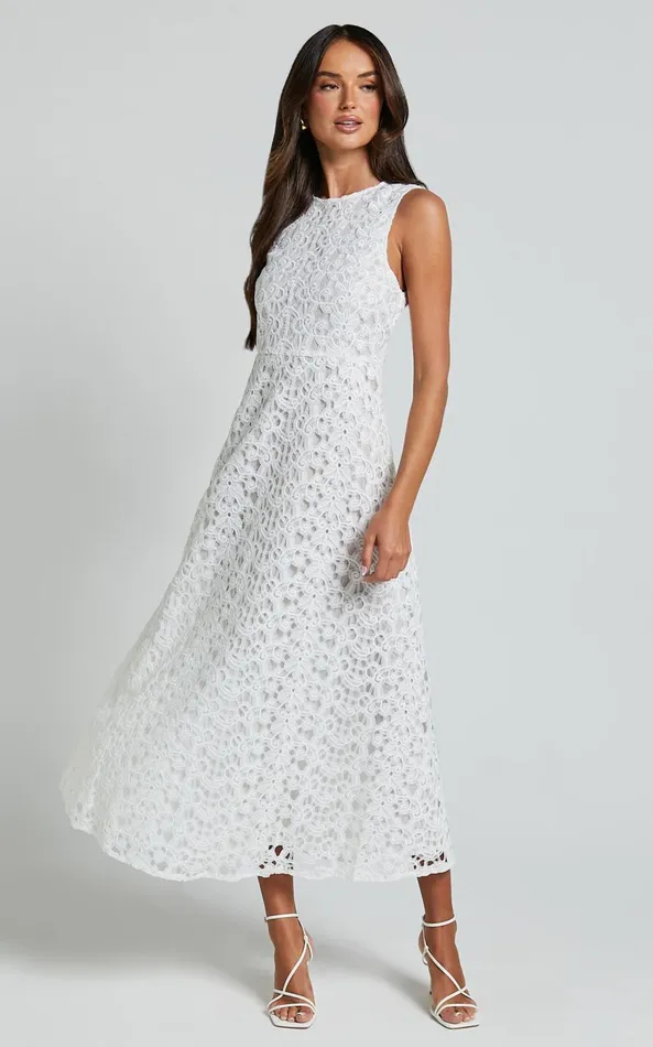 Showpo Kalani Midi Dress 8211 High Neck Cut Out Dress In White Women Dresses