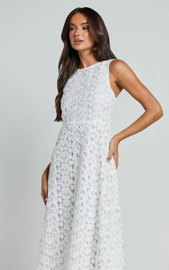 Showpo Kalani Midi Dress 8211 High Neck Cut Out Dress In White Women Dresses