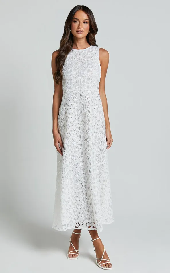 Showpo Kalani Midi Dress 8211 High Neck Cut Out Dress In White Women Dresses