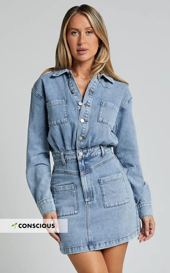 Showpo Kamala Mini Dress 8211 Long Sleeve Button Through Denim Dress In Light Blue Wash Women Denim Showpo Kamala Mini Dress 8211 Long Sleeve Button Through Denim Dress In Light Blue Wash Women Denim