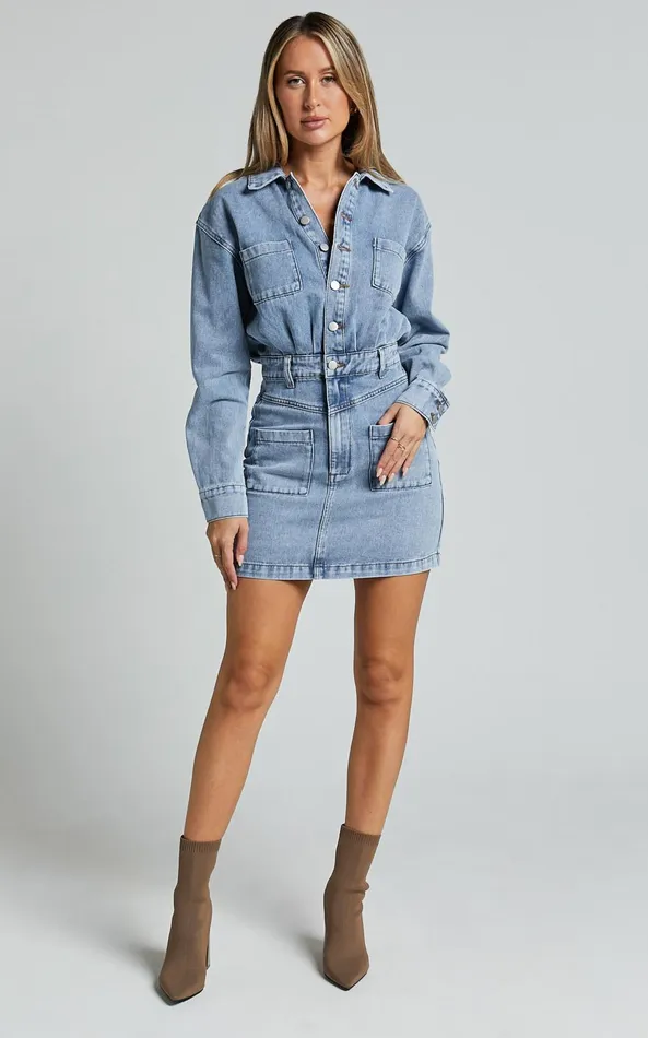 Showpo Kamala Mini Dress 8211 Long Sleeve Button Through Denim Dress In Light Blue Wash Women Denim