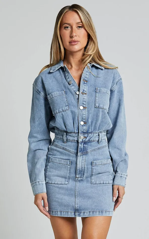 Showpo Kamala Mini Dress 8211 Long Sleeve Button Through Denim Dress In Light Blue Wash Women Denim