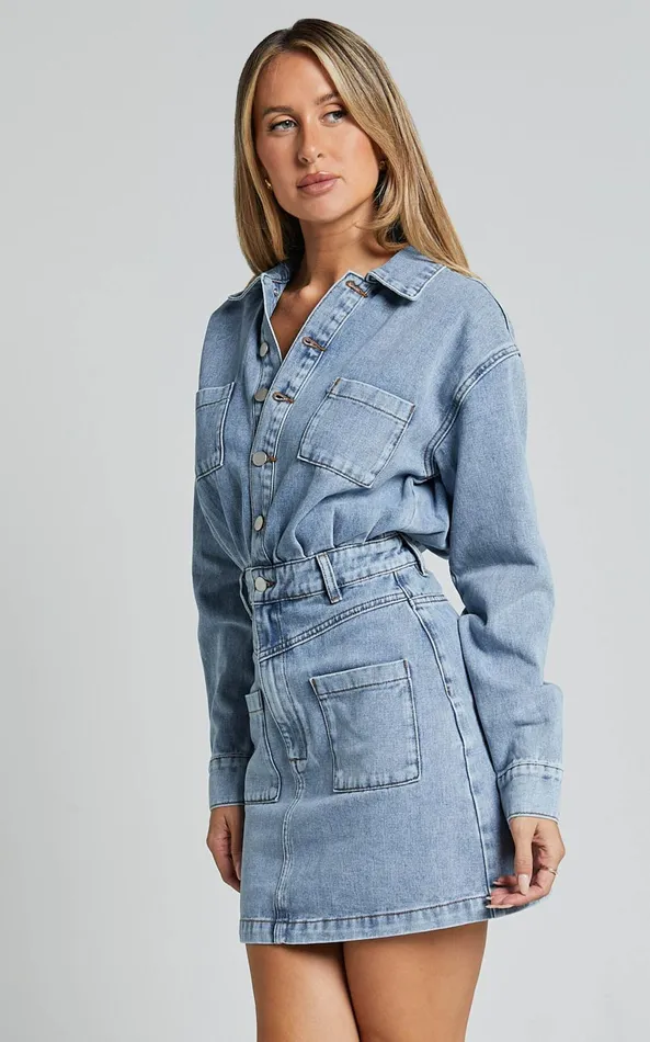 Showpo Kamala Mini Dress 8211 Long Sleeve Button Through Denim Dress In Light Blue Wash Women Denim