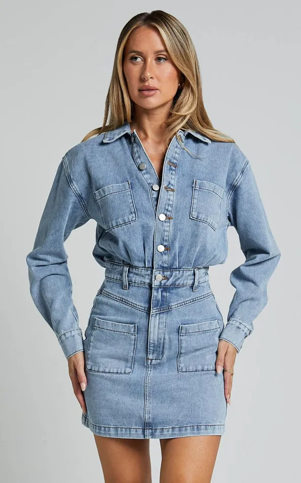 Showpo Kamala Mini Dress 8211 Long Sleeve Button Through Denim Dress In Light Blue Wash Women Denim