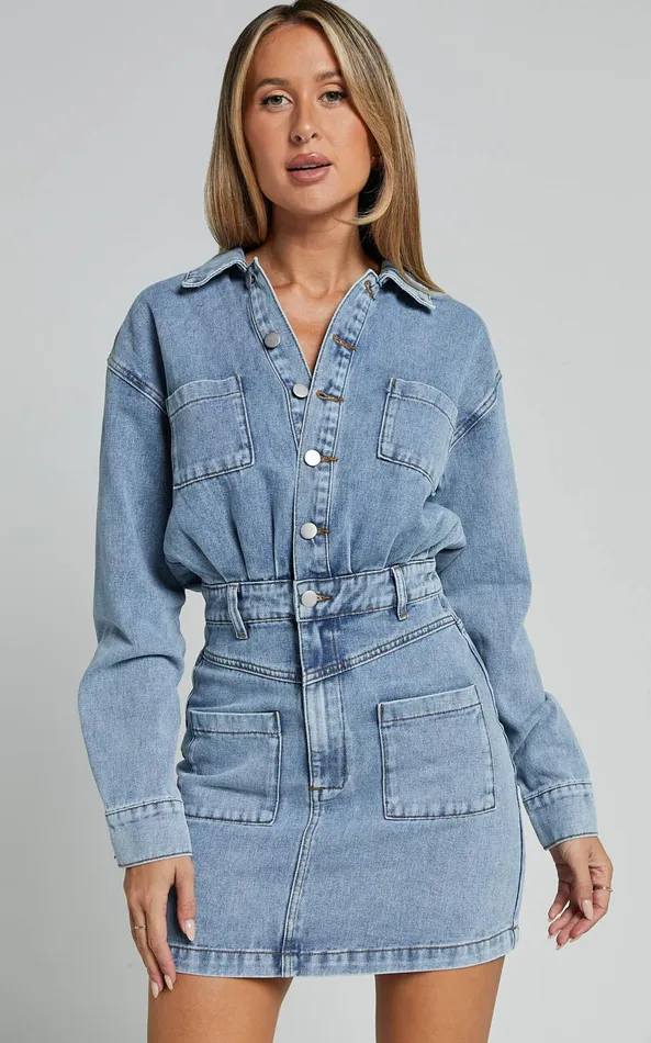 Showpo Kamala Mini Dress 8211 Long Sleeve Button Through Denim Dress In Light Blue Wash Women Denim