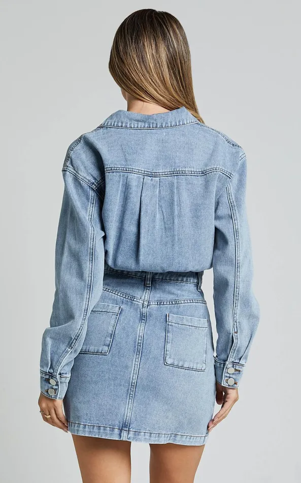 Showpo Kamala Mini Dress 8211 Long Sleeve Button Through Denim Dress In Light Blue Wash Women Denim