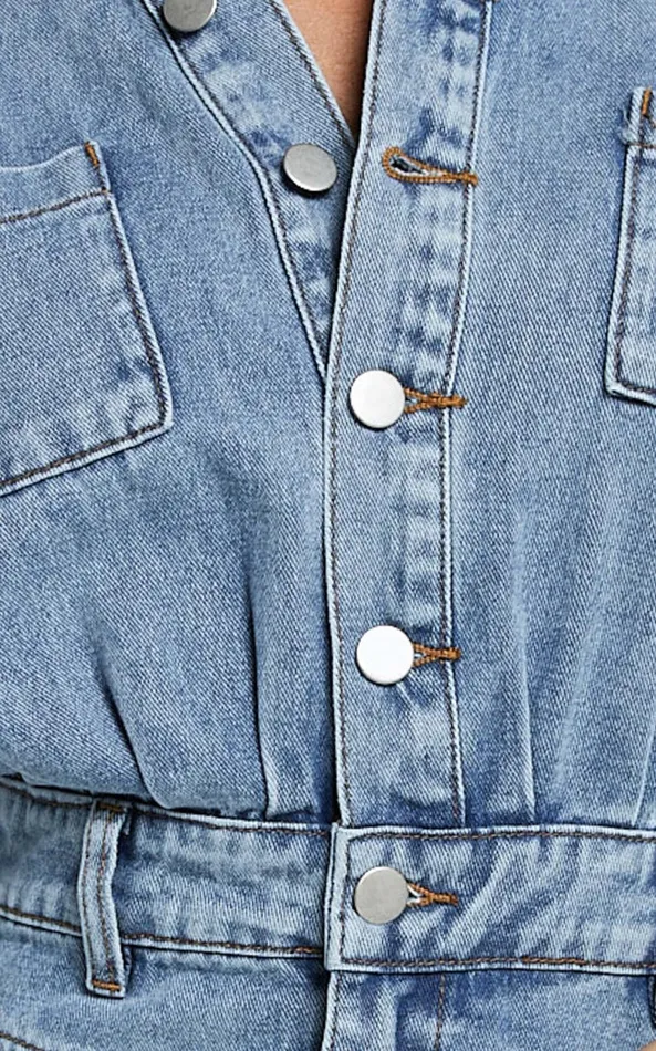 Showpo Kamala Mini Dress 8211 Long Sleeve Button Through Denim Dress In Light Blue Wash Women Denim