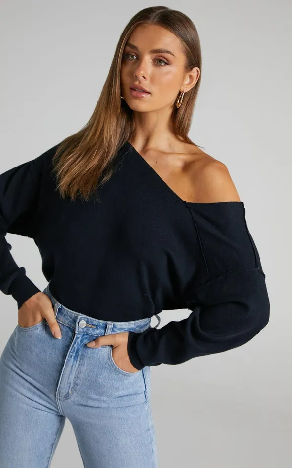 Showpo Kamille Top 8211 Asymmetric Side Shoulder Knit Top In Black Women Curve Clothes