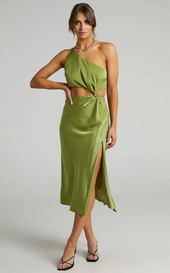 Showpo Kaniva Midi Dress 8211 One Shoulder Open Back Dress In Olive Women Dresses
