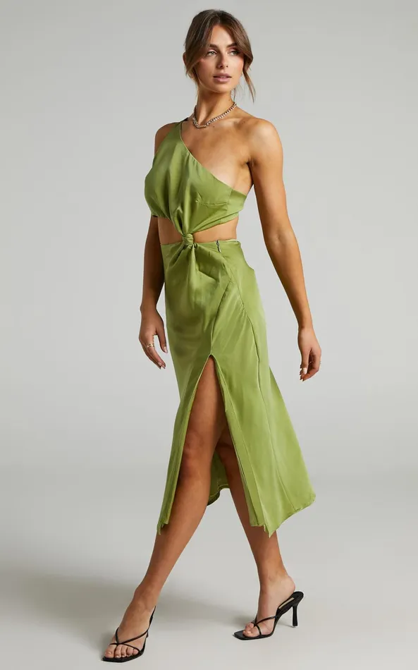 Showpo Kaniva Midi Dress 8211 One Shoulder Open Back Dress In Olive Women Dresses