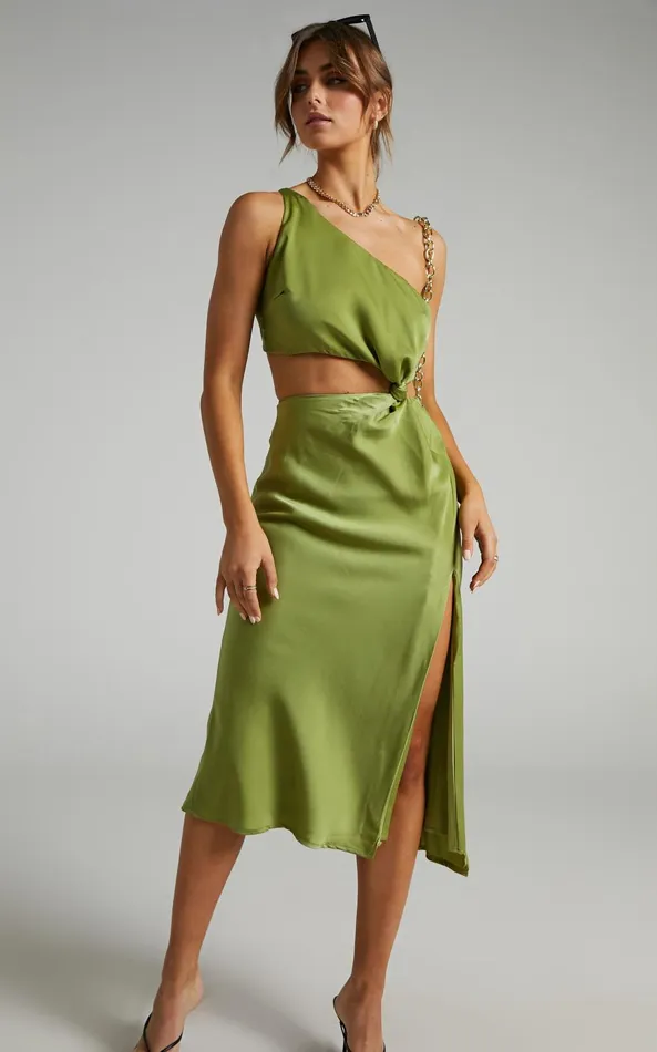 Showpo Kaniva Midi Dress 8211 One Shoulder Open Back Dress In Olive Women Dresses