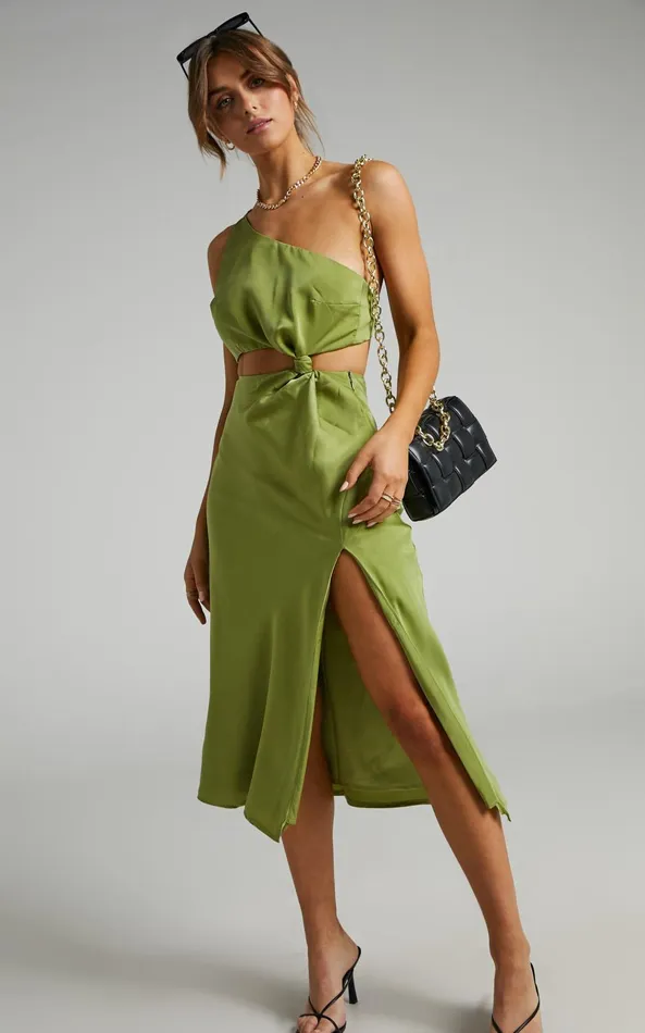 Showpo Kaniva Midi Dress 8211 One Shoulder Open Back Dress In Olive Women Dresses