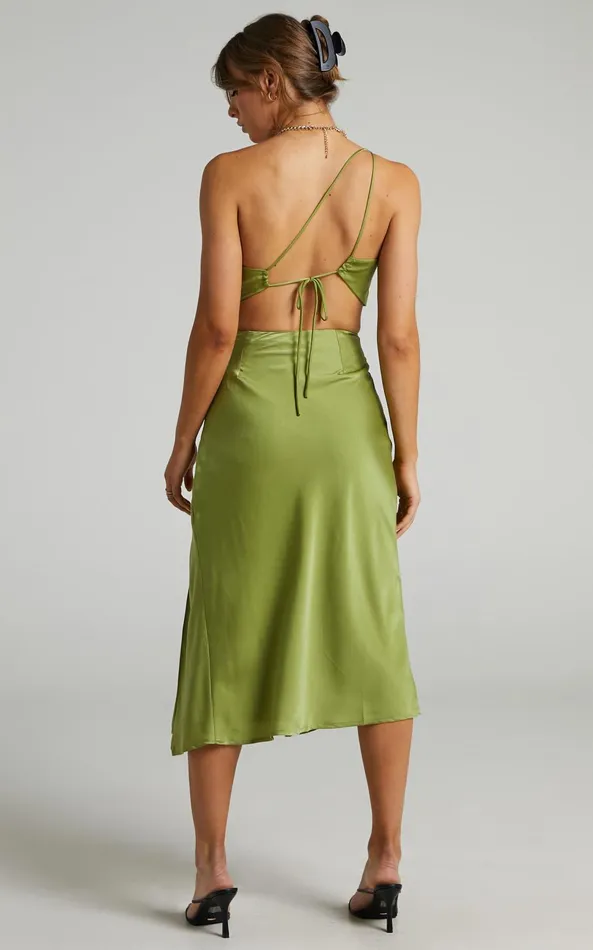 Showpo Kaniva Midi Dress 8211 One Shoulder Open Back Dress In Olive Women Dresses