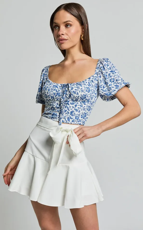 Showpo Karina Top 8211 Puff Sleeve Ruched Bodice Corset Top In Blue Floral Women Tops