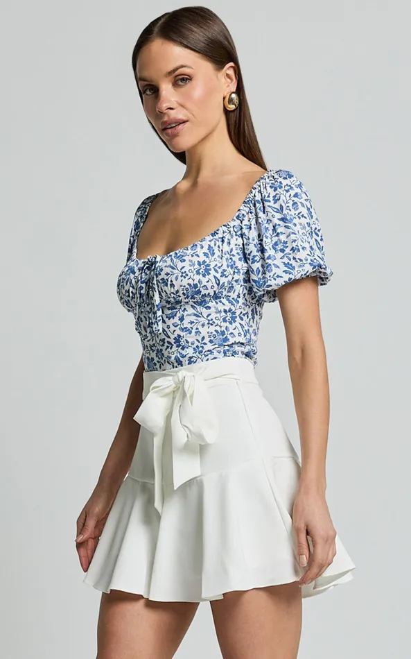 Showpo Karina Top 8211 Puff Sleeve Ruched Bodice Corset Top In Blue Floral Women Tops