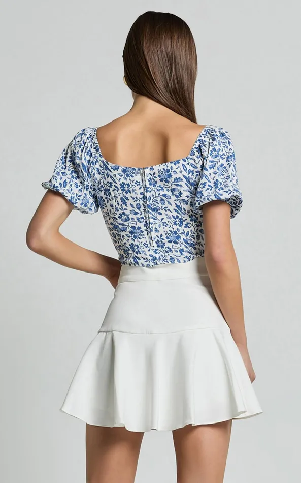 Showpo Karina Top 8211 Puff Sleeve Ruched Bodice Corset Top In Blue Floral Women Tops