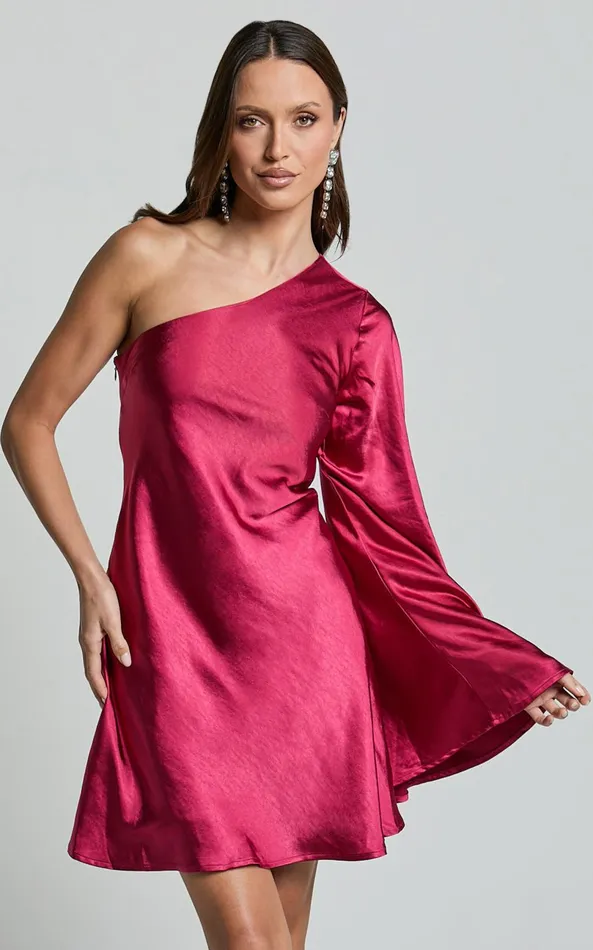 Showpo Karla Mini Dress 8211 One Shoulder Long Sleeve Dress In Berry Women Dresses