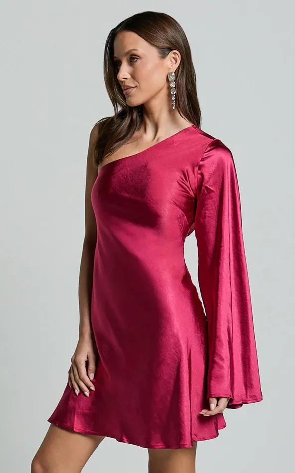 Showpo Karla Mini Dress 8211 One Shoulder Long Sleeve Dress In Berry Women Dresses