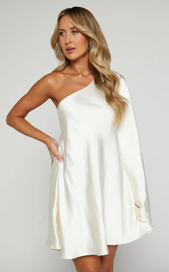 Showpo Karla Mini Dress 8211 One Shoulder Long Sleeve Dress In Pearl Women Dresses