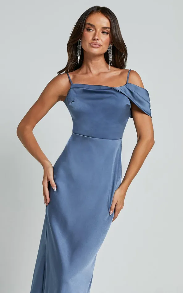 Showpo Karlen Midi Dress 8211 Shoulder Strap Detail Satin Slip Dress In Steel Blue Women Dresses