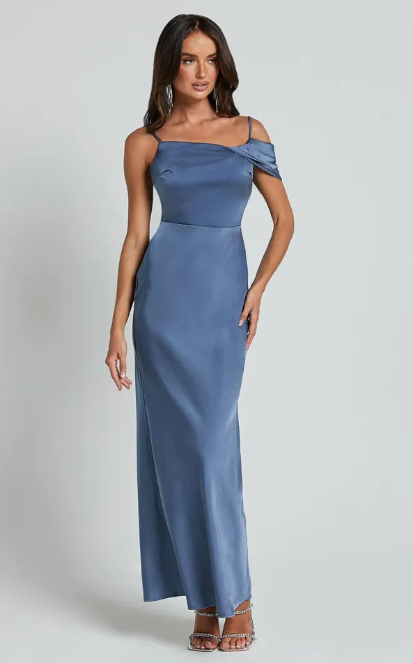 Showpo Karlen Midi Dress 8211 Shoulder Strap Detail Satin Slip Dress In Steel Blue Women Dresses