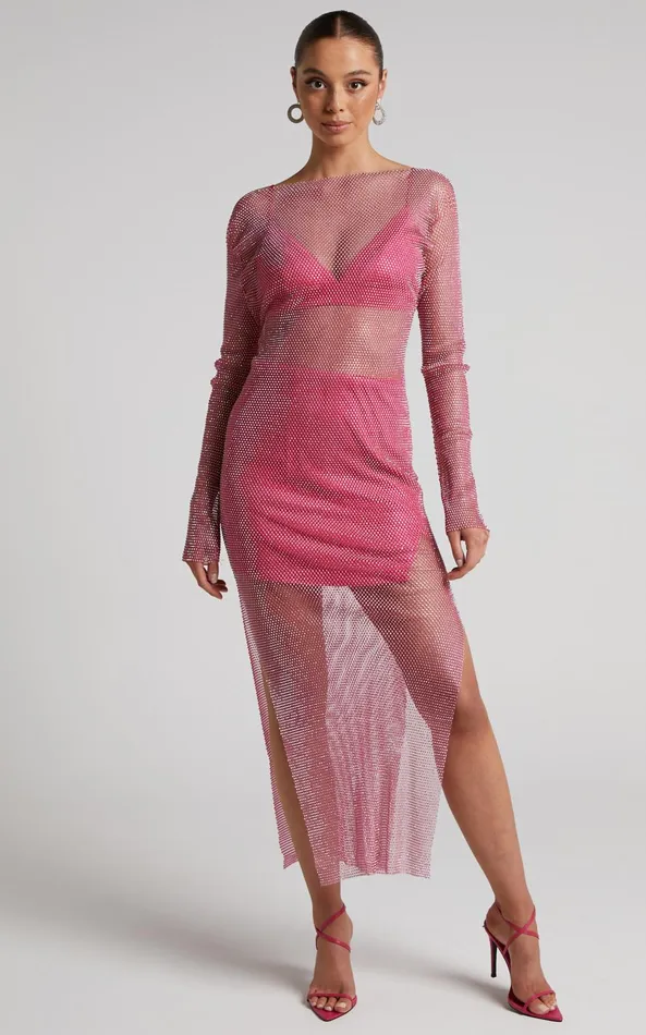 Showpo Karmen Midi Dress 8211 Long Sleeve Split Diamante Mesh Dress In Pink Women Dresses