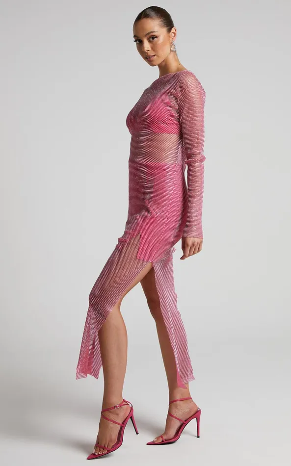 Showpo Karmen Midi Dress 8211 Long Sleeve Split Diamante Mesh Dress In Pink Women Dresses