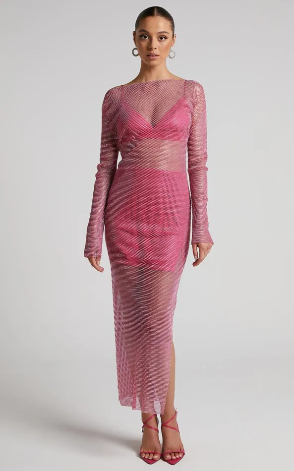 Showpo Karmen Midi Dress 8211 Long Sleeve Split Diamante Mesh Dress In Pink Women Dresses