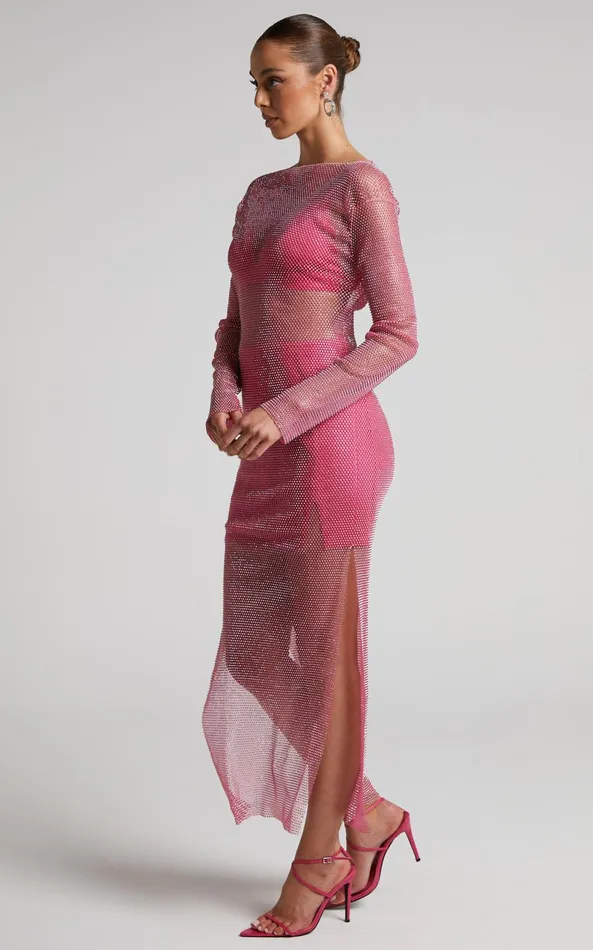 Showpo Karmen Midi Dress 8211 Long Sleeve Split Diamante Mesh Dress In Pink Women Dresses
