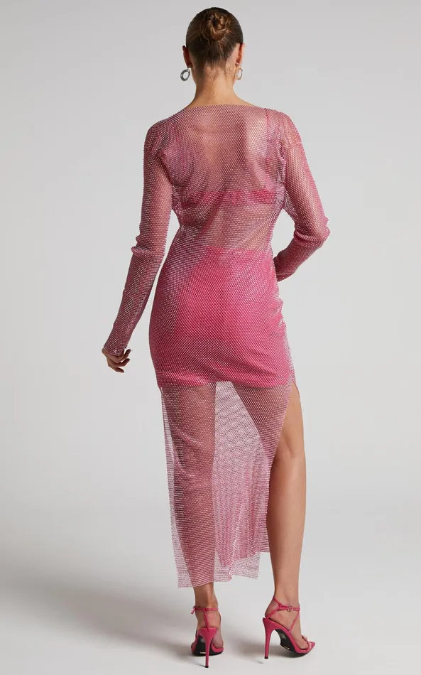 Showpo Karmen Midi Dress 8211 Long Sleeve Split Diamante Mesh Dress In Pink Women Dresses