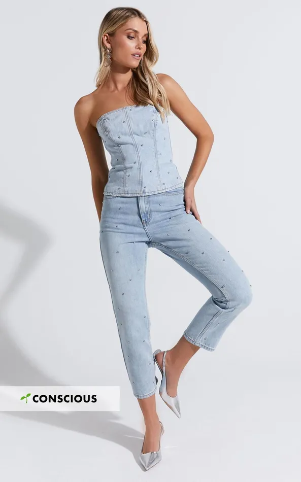 Showpo Karter Jeans 8211 High Waisted Rhinestone Straight Leg Denim Jeans In Light Blue Wash Women Denim