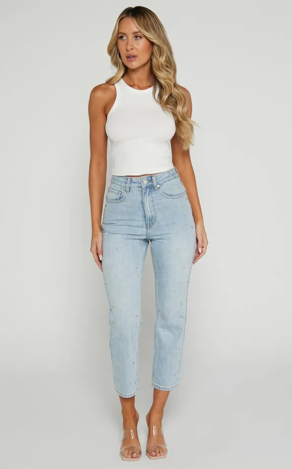 Showpo Karter Jeans 8211 High Waisted Rhinestone Straight Leg Denim Jeans In Light Blue Wash Women Denim