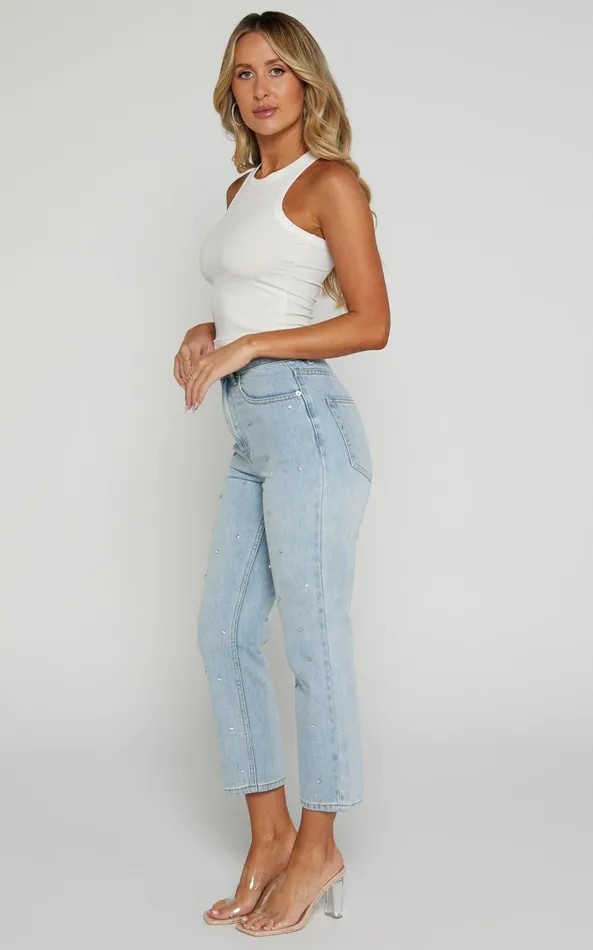Showpo Karter Jeans 8211 High Waisted Rhinestone Straight Leg Denim Jeans In Light Blue Wash Women Denim