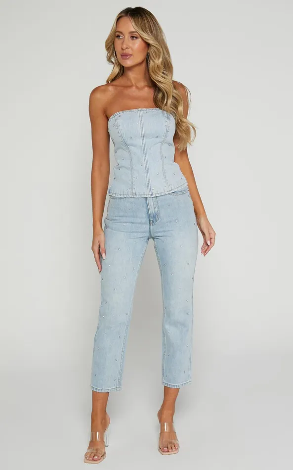 Showpo Karter Jeans 8211 High Waisted Rhinestone Straight Leg Denim Jeans In Light Blue Wash Women Denim