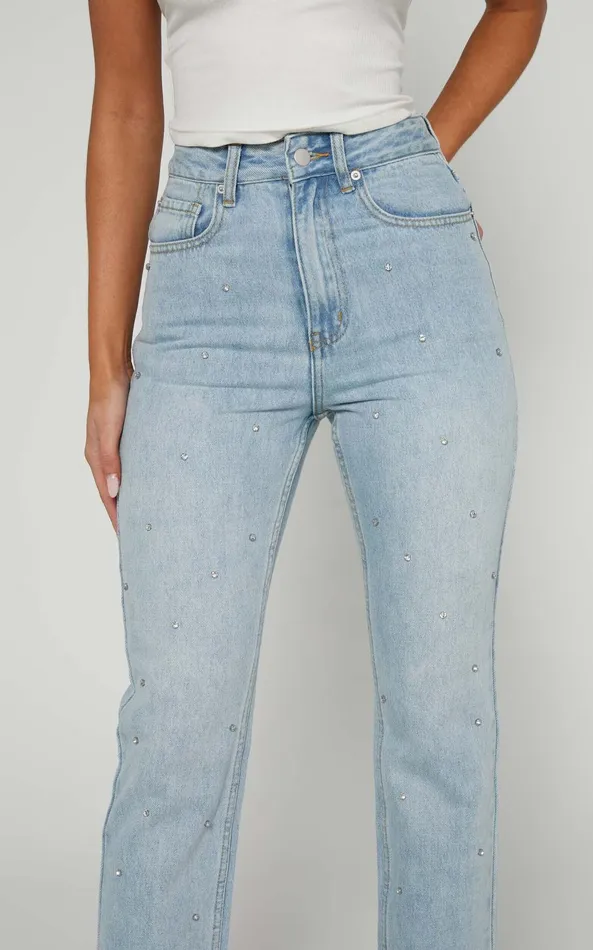 Showpo Karter Jeans 8211 High Waisted Rhinestone Straight Leg Denim Jeans In Light Blue Wash Women Denim