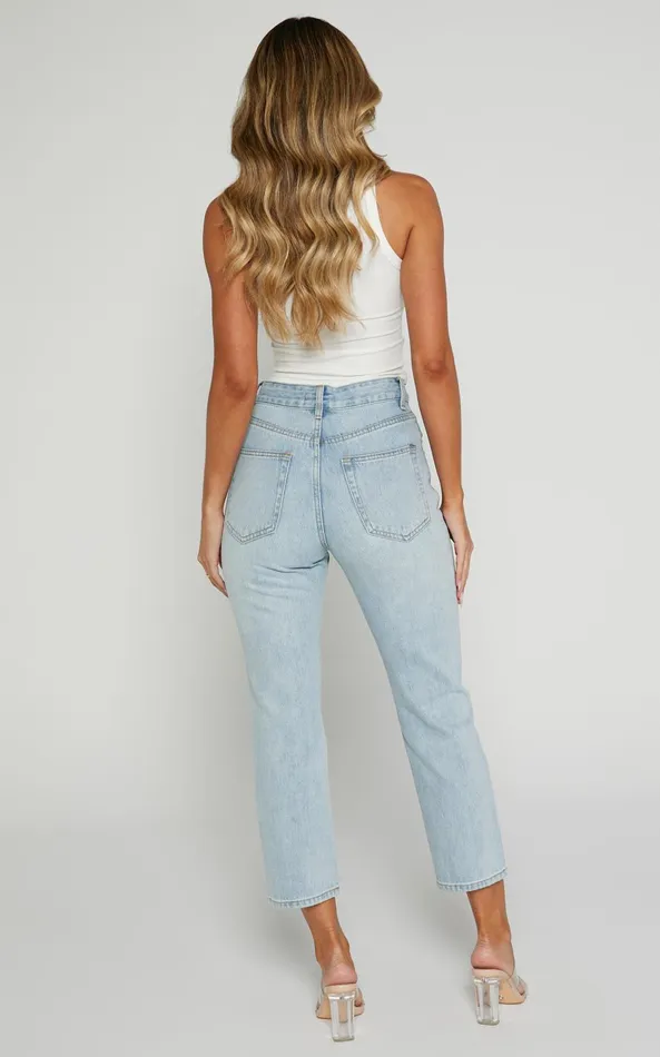 Showpo Karter Jeans 8211 High Waisted Rhinestone Straight Leg Denim Jeans In Light Blue Wash Women Denim