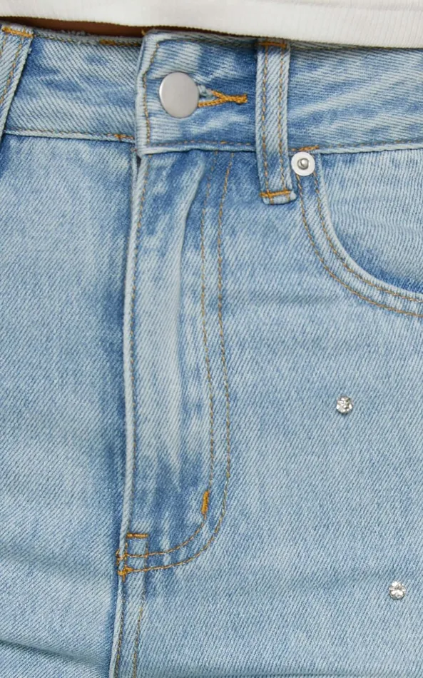 Showpo Karter Jeans 8211 High Waisted Rhinestone Straight Leg Denim Jeans In Light Blue Wash Women Denim