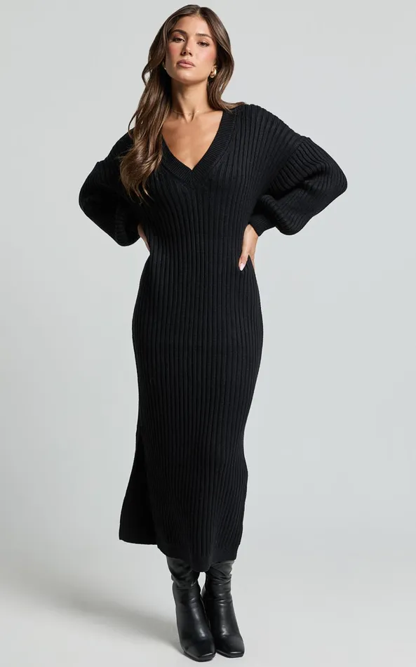 Showpo Kartia Midi Dress 8211 V Neck Knit Dress In Black Women Dresses