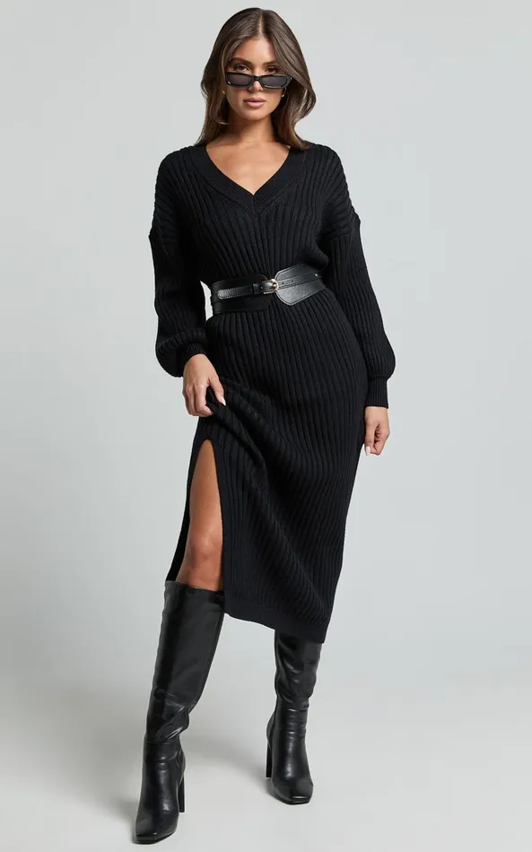 Showpo Kartia Midi Dress 8211 V Neck Knit Dress In Black Women Dresses