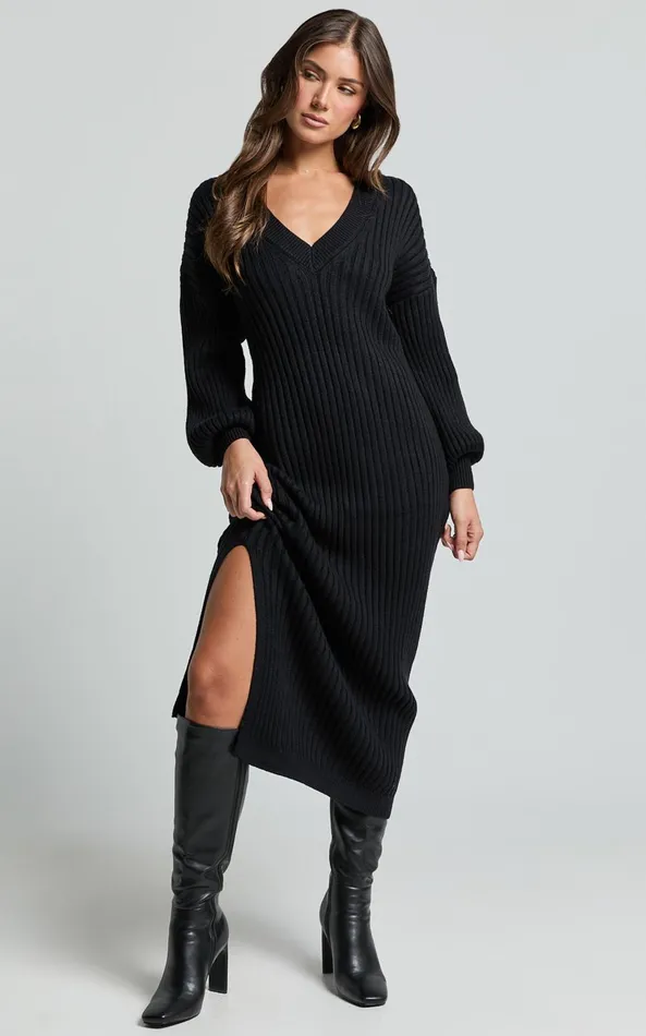 Showpo Kartia Midi Dress 8211 V Neck Knit Dress In Black Women Dresses
