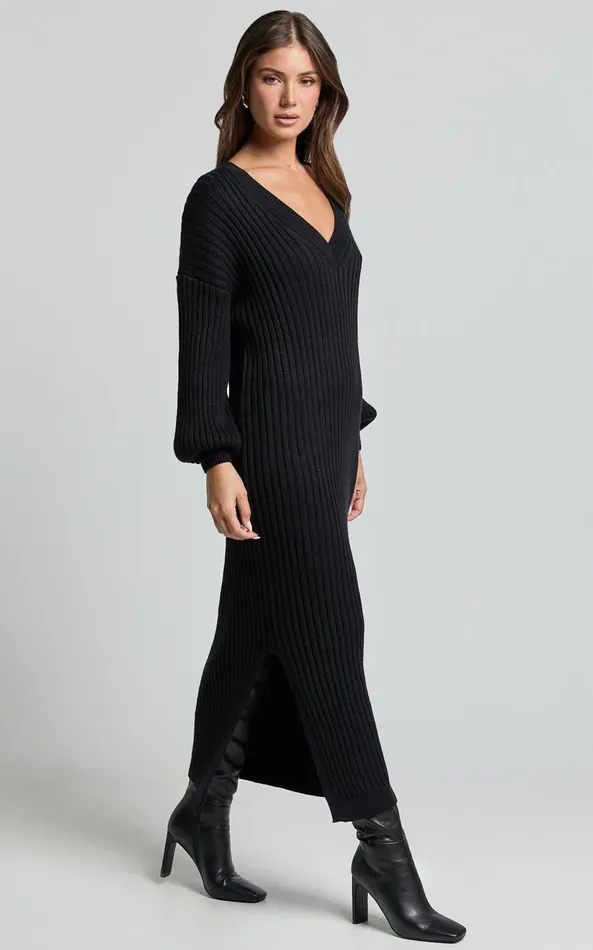 Showpo Kartia Midi Dress 8211 V Neck Knit Dress In Black Women Dresses