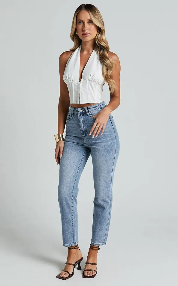 Showpo Kartier Top 8211 Plunge Halter Neck Cropped Corset In Off White Women Tops