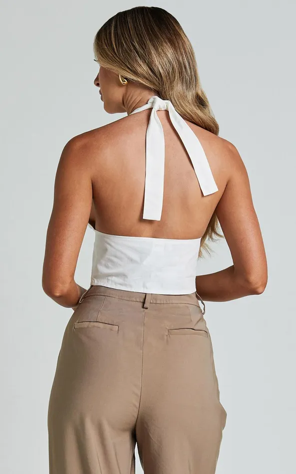 Showpo Kartier Top 8211 Plunge Halter Neck Cropped Corset In Off White Women Tops