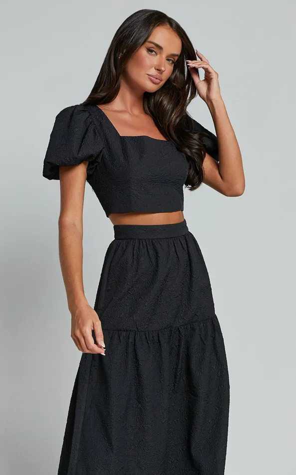 Showpo Katherine Two Piece Set 8211 Puff Sleeve Crop Top And Ruffle Hem Midi Skirt Set In Black Women Two Piece Sets and Coords