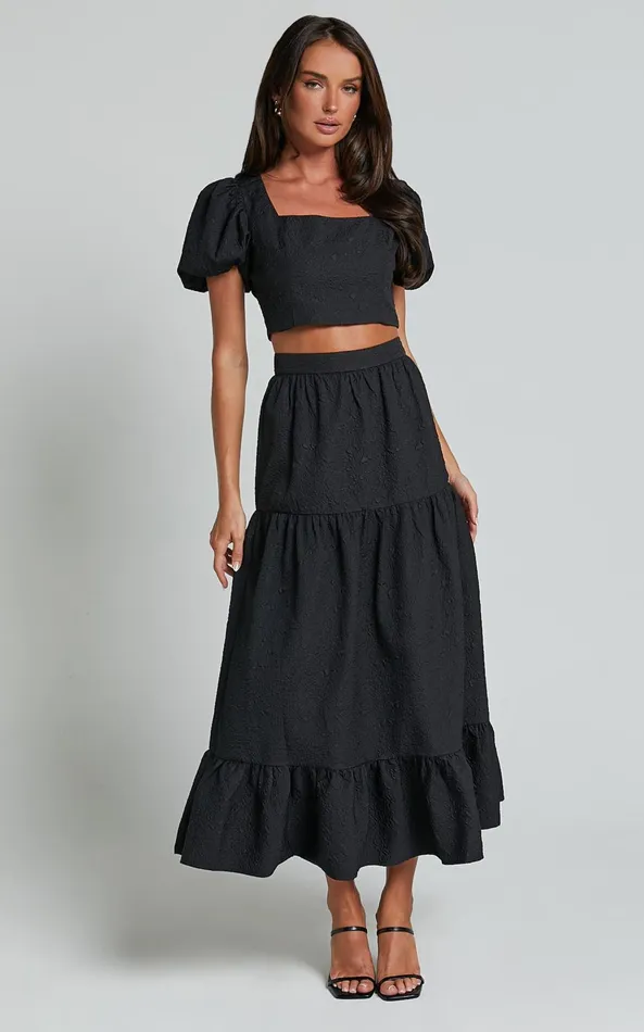 Showpo Katherine Two Piece Set 8211 Puff Sleeve Crop Top And Ruffle Hem Midi Skirt Set In Black Women Two Piece Sets and Coords
