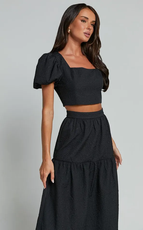 Showpo Katherine Two Piece Set 8211 Puff Sleeve Crop Top And Ruffle Hem Midi Skirt Set In Black Women Two Piece Sets and Coords