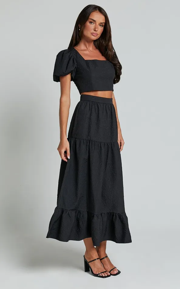 Showpo Katherine Two Piece Set 8211 Puff Sleeve Crop Top And Ruffle Hem Midi Skirt Set In Black Women Two Piece Sets and Coords