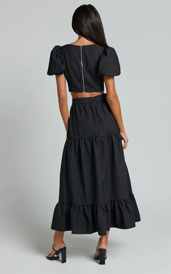 Showpo Katherine Two Piece Set 8211 Puff Sleeve Crop Top And Ruffle Hem Midi Skirt Set In Black Women Two Piece Sets and Coords