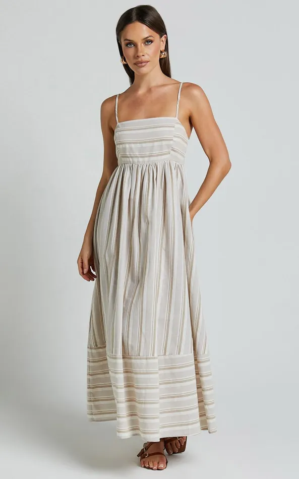 Showpo Katheryn Midi Dress 8211 Strappy Straight Neck A Line Gathered Dress In Beige And Natural Stripe Women Dresses Showpo Katheryn Midi Dress 8211 Strappy Straight Neck A Line Gathered Dress In Beige And Natural Stripe Women Dresses